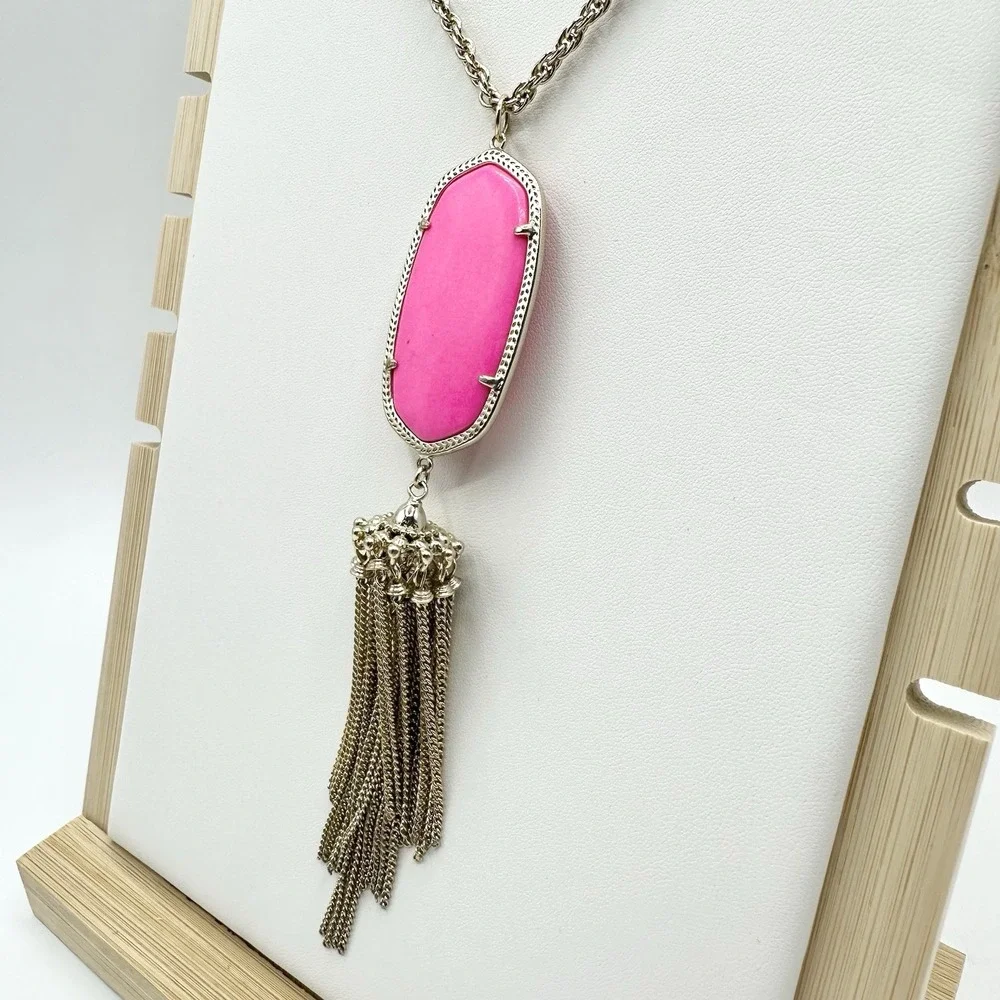 Kendra Scott Rayne Necklace Hot Pink Neon Tassel Pendant Long Goldtone Chain